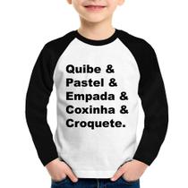 Camiseta Raglan Infantil Quibe & Pastel & Coxinha & Empada & Croquete Manga Longa - Foca na Moda