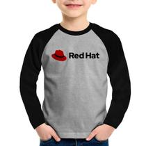 Camiseta Raglan Infantil Red Hat Linux Logo Manga Longa - Foca na Moda
