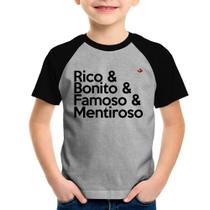 Camiseta Raglan Infantil Rico & Bonito & Famoso & Mentiroso - Foca na Moda