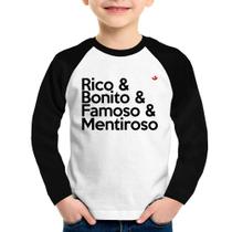 Camiseta Raglan Infantil Rico & Bonito & Famoso & Mentiroso Manga Longa - Foca na Moda