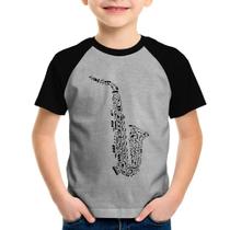 Camiseta Raglan Infantil Saxofone Notas Musicais - Foca na Moda