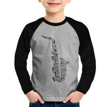 Camiseta Raglan Infantil Saxofone Notas Musicais Manga Longa - Foca na Moda