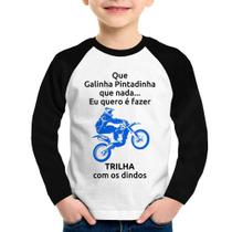 Camiseta Raglan Infantil Trilha com os dindos (moto azul) Manga Longa - Foca na Moda Camiseta Raglan Infantil Trilha com os dindos (moto azul) Manga Longa - Foca na Moda
