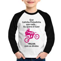 Camiseta Raglan Infantil Trilha com os dindos (moto rosa) Manga Longa - Foca na Moda Camiseta Raglan Infantil Trilha com os dindos (moto rosa) Manga Longa - Foca na Moda