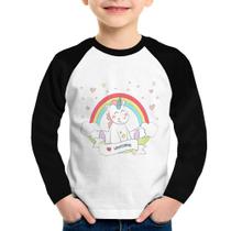 Camiseta Raglan Infantil Unicórnio Arco Íris Manga Longa - Foca na Moda