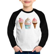 Camiseta Raglan Infantil Unicórnio Sorvete Manga Longa - Foca na Moda