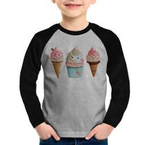 Camiseta Raglan Infantil Unicórnio Sorvete Manga Longa - Foca na Moda