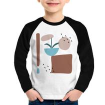 Camiseta Raglan Infantil Vaso de Planta Minimalista Abstrato Manga Longa - Foca na Moda