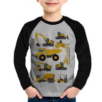 Camiseta Raglan Infantil Veículos de construção Manga Longa - Foca na Moda Camiseta Raglan Infantil Veículos de construção Manga Longa - Foca na Moda
