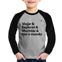 Camiseta Raglan Infantil Viajar & Explorar & Mochilar & Ver o mundo Manga Longa - Foca na Moda