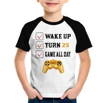 Camiseta Raglan Infantil Wake Up, Turn 25, Game All Day - Foca na Moda