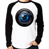 Camiseta Raglan Lente Câmera Manga Longa - Foca na Moda Camiseta Raglan Lente Câmera Manga Longa - Foca na Moda
