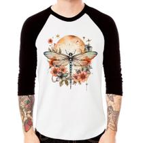 Camiseta Raglan Libélula, Lua e Flores Manga 3/4 - Foca na Moda