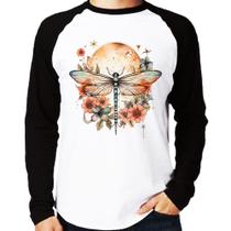 Camiseta Raglan Libélula, Lua e Flores Manga Longa - Foca na Moda