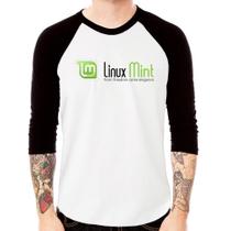 Camiseta Raglan Linux Mint Manga 3/4 - Foca na Moda