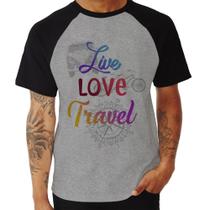 Camiseta Raglan Live Love Travel - Foca na Moda