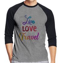 Camiseta Raglan Live Love Travel Manga 3/4 - Foca na Moda