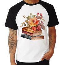 Camiseta Raglan Livros e flores - Foca na Moda