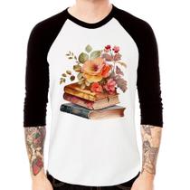 Camiseta Raglan Livros e flores Manga 3/4 - Foca na Moda