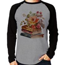 Camiseta Raglan Livros e flores Manga Longa - Foca na Moda