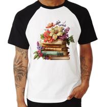 Camiseta Raglan Livros e Flores Vintage - Foca na Moda