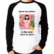Camiseta Raglan Louca das plantas is the new louca dos gatos Manga Longa - Foca na Moda