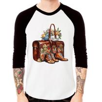 Camiseta Raglan Mala e Botas Retrô Flores Manga 3/4 - Foca na Moda Camiseta Raglan Mala e Botas Retrô Flores Manga 3/4 - Foca na Moda