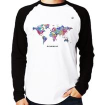 Camiseta Raglan Mapa mundi mosaico Manga Longa - Foca na Moda