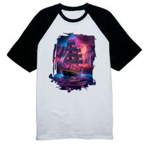 Camiseta Raglan Navio pirata noite purpura