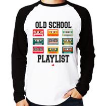 Camiseta Raglan Old School Playlist Manga Longa - Foca na Moda Camiseta Raglan Old School Playlist Manga Longa - Foca na Moda