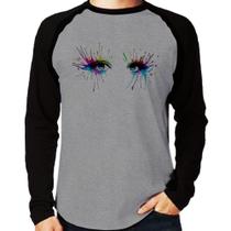 Camiseta Raglan Olhos Cores Pintura Manga Longa - Foca na Moda Camiseta Raglan Olhos Cores Pintura Manga Longa - Foca na Moda