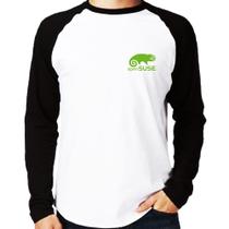 Camiseta Raglan openSUSE Linux Manga Longa - Foca na Moda Camiseta Raglan openSUSE Linux Manga Longa - Foca na Moda