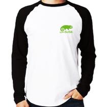Camiseta Raglan openSUSE Linux Manga Longa - Foca na Moda