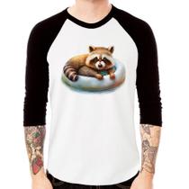 Camiseta Raglan Panda Vermelho Relaxando Na Piscina Manga 3/4 - Foca na Moda