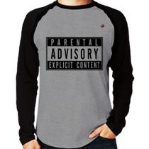 Camiseta Raglan Parental Advisory: Explicit Content Manga Longa - Foca na Moda Camiseta Raglan Parental Advisory: Explicit Content Manga Longa - Foca na Moda