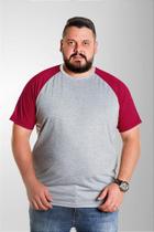 Camiseta Raglan Plus Size Cinza Mescla com Manga Marsala - 100% Poliéster