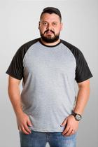 Camiseta Raglan Plus Size Cinza Mescla com Manga Preta - 100% Poliéster