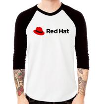 Camiseta Raglan Red Hat Linux Logo Manga 3/4 - Foca na Moda Camiseta Raglan Red Hat Linux Logo Manga 3/4 - Foca na Moda