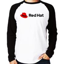Camiseta Raglan Red Hat Linux Logo Manga Longa - Foca na Moda Camiseta Raglan Red Hat Linux Logo Manga Longa - Foca na Moda