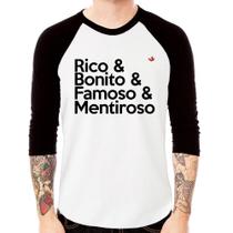 Camiseta Raglan Rico & Bonito & Famoso & Mentiroso Manga 3/4 - Foca na Moda