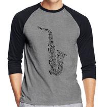 Camiseta Raglan Saxofone Notas Musicais Manga 3/4 - Foca na Moda