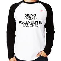 Camiseta Raglan Signo: fome - Ascendente: lanches Manga Longa - Foca na Moda