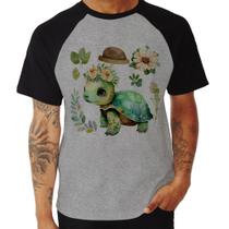 Camiseta Raglan Tartaruga, flores e chapéu - Foca na Moda