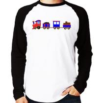Camiseta Raglan Trenzinho Azul Manga Longa - Foca na Moda Camiseta Raglan Trenzinho Azul Manga Longa - Foca na Moda