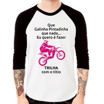 Camiseta Raglan Trilha com o titio (moto rosa) Manga 3/4 - Foca na Moda Camiseta Raglan Trilha com o titio (moto rosa) Manga 3/4 - Foca na Moda