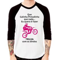 Camiseta Raglan Trilha com os dindos (moto rosa) Manga 3/4 - Foca na Moda Camiseta Raglan Trilha com os dindos (moto rosa) Manga 3/4 - Foca na Moda