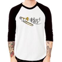 Camiseta Raglan Trombone Notas Musicais Manga 3/4 - Foca na Moda