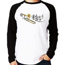 Camiseta Raglan Trombone Notas Musicais Manga Longa - Foca na Moda
