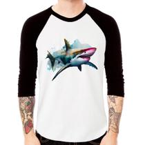 Camiseta Raglan Tubarão Watercolor Manga 3/4 - Foca na Moda