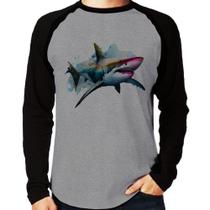 Camiseta Raglan Tubarão Watercolor Manga Longa - Foca na Moda